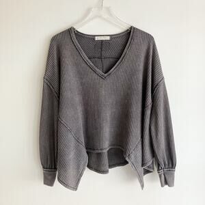 Free People We The Free XS Coraline Waffle Thermal Top Gray V Neck Long Sleeve